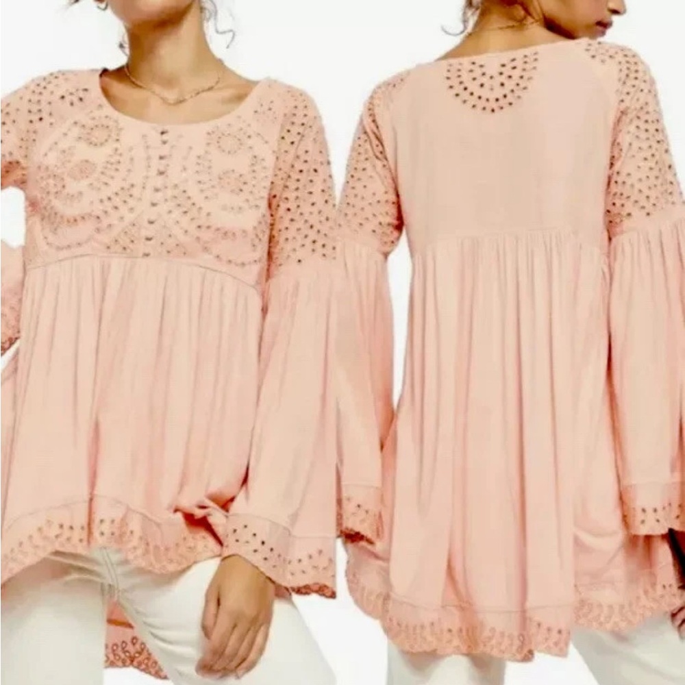 Free People Sea of Love Peach Eyelet Bell Sleeve Tunic Top